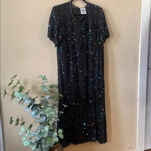 Vintage Joseph Le Bon Silk Beaded Dress 18W Sequin Cocktail Evening Party Black